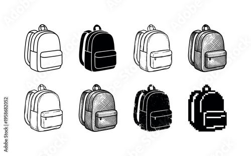 Simple backpacks arranged in two rows