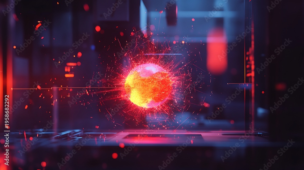 Fototapeta premium A vibrant red and orange explosion occurs in a dark laboratory setting with glowing red particles