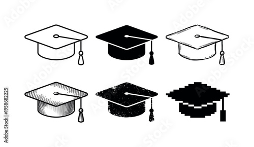 Six graduation caps shown in black and white
