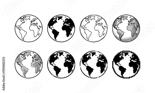 Four globes show continents, oceans, and diverse views