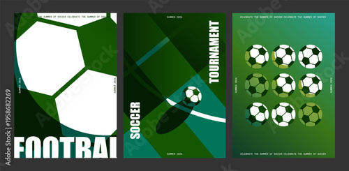 Soccer Football Tournament Poster Set Vector with Pitch Diagram Top View and Bold Typography on Green Gradient Background for Sport Event Championship Design