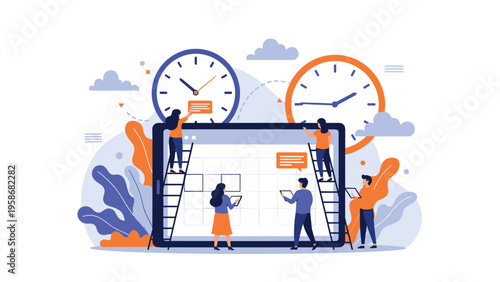 Group of business people collaborating on a large digital tablet showing a calendar with clocks in the background for time management.