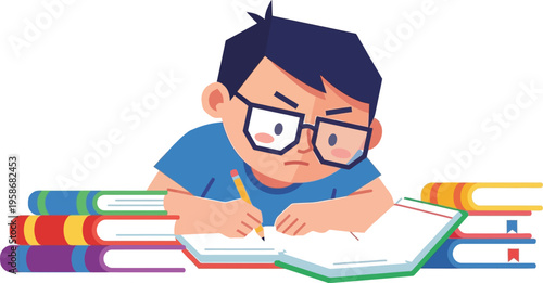 Student struggles writing with pencil surrounded by large books.