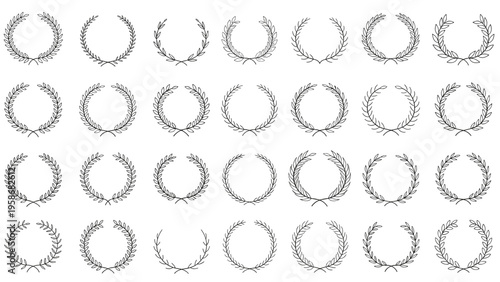 Extensive collection of diverse laurel and leaf wreaths in various styles and shapes suitable for formal awards and labels.