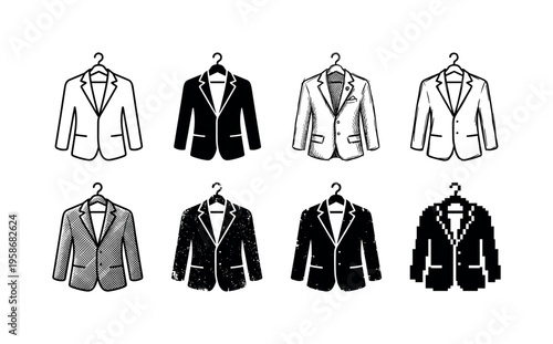 Six suits hang neatly on hooks