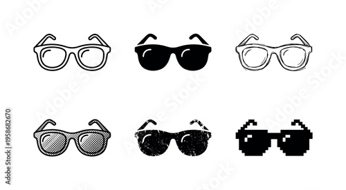 Six pairs of eyewear in black and white tones
