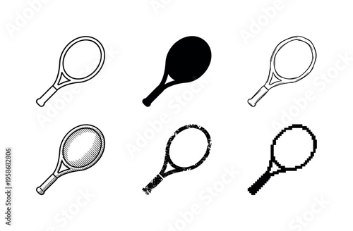Six tennis rackets in simple black and white design