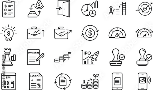 Collection of black thin line icons representing investment documents growth charts and banking processes.