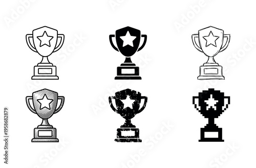 Six trophy icons in black and white