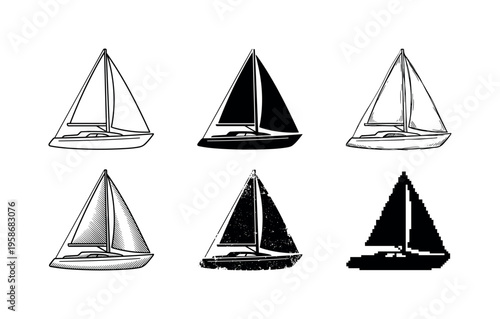 Six sailboats depicted in minimalist black-and-white style