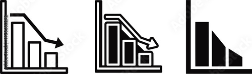 Three black and white bar graph icons with varying trends