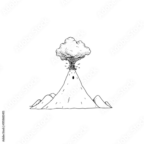 Minimalist hand drawn volcano eruption illustration with smoke clouds and mountain peaks in a simple black and white line art sketch style on a clean white background