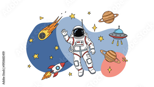 Astronaut floating in a colorful space scene with a rocket ship, planets, a meteor, a UFO, and numerous bright stars in the galaxy.