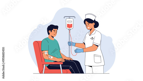 Caring nurse in a white uniform administering a blood transfusion to a male patient sitting in a comfortable red chair.