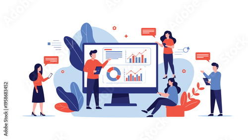 Group of business people collaborating around a large monitor showing various data charts, graphs, and infographics for team analysis.