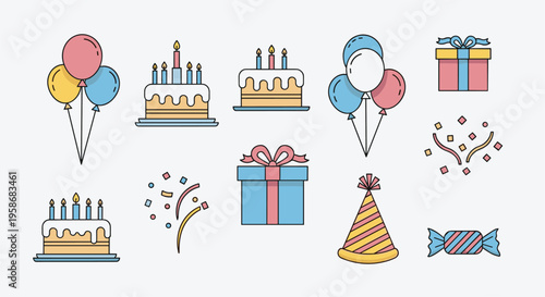 Flat line art collection of colorful birthday icons including tiered cakes, balloons, gift boxes, and festive party decorations.