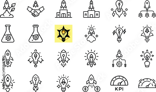 Startup launch idea icon, rocket launch from light bulb concept. creative innovation sign. new business venture symbol.