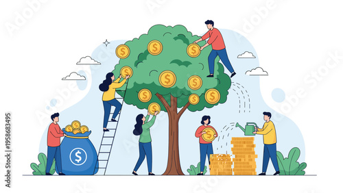 Concept illustration of people working together to harvest and water a money tree filled with gold coins for long-term financial growth.