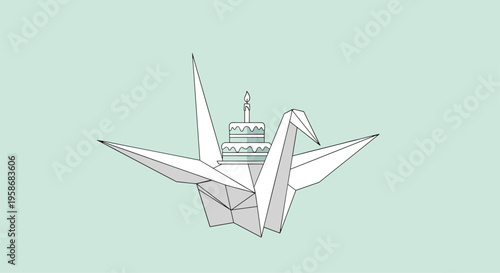 Unique illustration of a white origami crane carrying a small two-tiered birthday cake with a lit candle on its paper back.