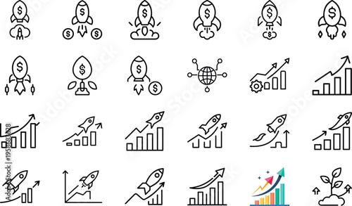 Collection of linear icons depicting rapid progress upward trends and successful market entry concepts.