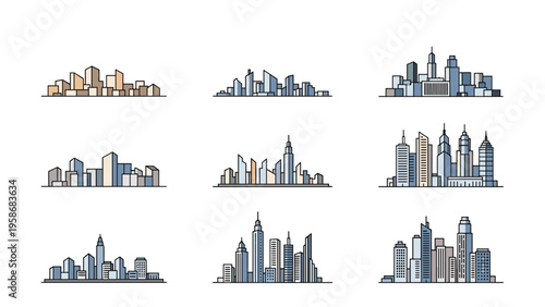 Collection of varied city skyline silhouettes with different architectural styles including modern skyscrapers and towers.
