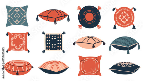 Set of colorful decorative pillows and cushions in various shapes like square, round, and bolster with bohemian and ethnic patterns.