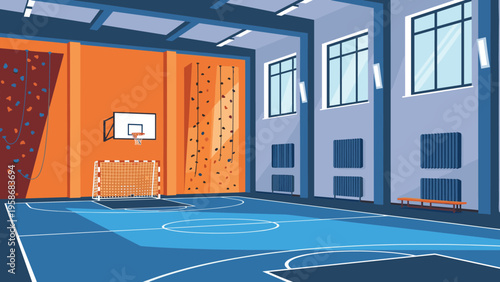 Spacious indoor sports hall featuring a basketball hoop soccer goal climbing walls and large windows for natural light.