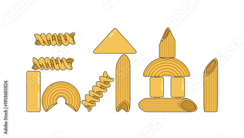 Creative illustration using various pasta shapes like fusilli penne and macaroni to create architectural and geometric art.