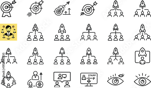 Collection of business management and team leadership vector icons for strategy, startup, and growth concepts.
