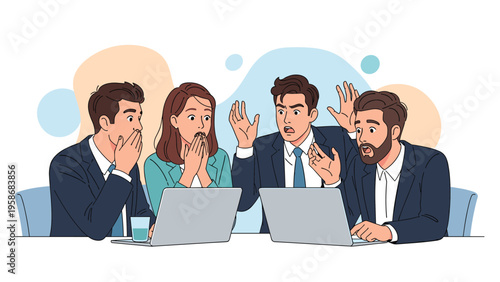 Group of business professionals looking shocked, surprised, and worried while staring at their laptop screens in an office setting.