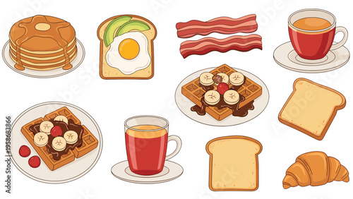 Delicious breakfast spread collection including pancakes with syrup waffles with fruit eggs on toast and hot coffee or tea.