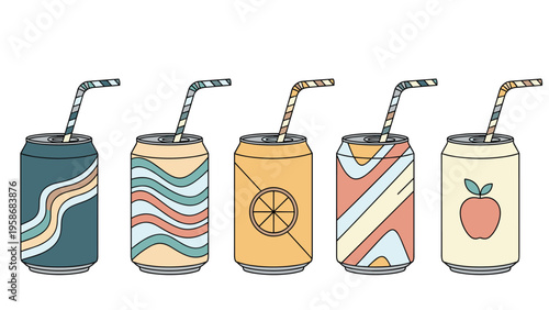 Set of five soda cans featuring vibrant and diverse graphic patterns such as waves and fruit icons with matching straws.