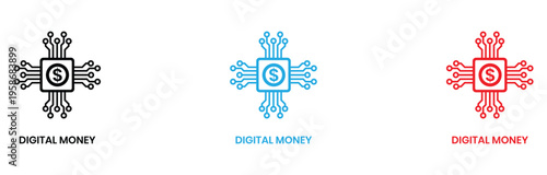 Digital currency and blockchain technology concept with glowing neon icons and financial symbols