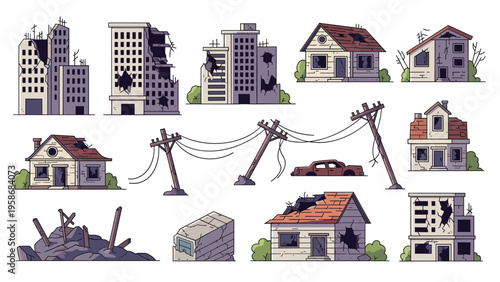 Set of illustrations depicting a disaster area with ruined buildings broken power lines and abandoned destroyed vehicles.