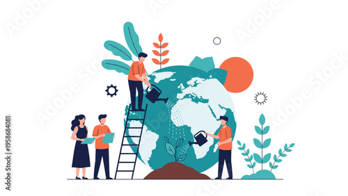 Heartwarming environmental illustration showing people together caring for the planet by watering growth on a giant earth.