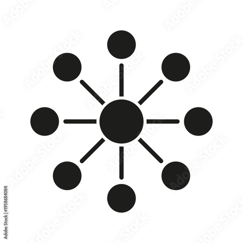Network Hub And Spoke Solid Icon. Centralized Communication And Connectivity Silhouette Symbol. Data Distribution And Information Sharing. Isolated Vector Illustration