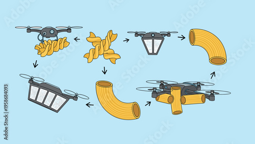 Innovative concept illustration of modern drones carrying various pasta shapes like fusilli, penne, and macaroni through a blue sky.