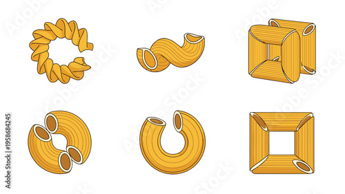 Detailed illustration of complex pasta shapes and geometric arrangements like circles and squares made from dry penne.