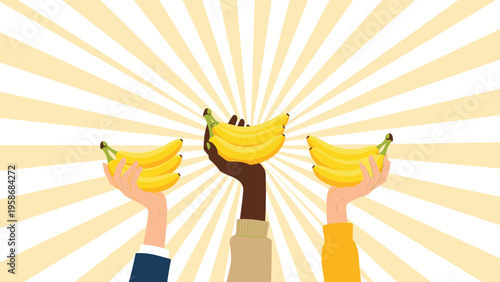 Three hands with diverse skin tones hold bunches of ripe yellow bananas against a bright yellow and white sunburst radial background.