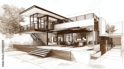 Architectural sketch of a modern contemporary luxury house design with large windows and outdoor living space, residential concept.