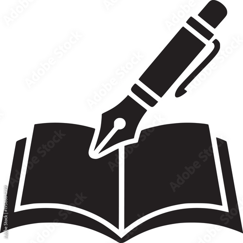 A black and white graphic of an open book with a fountain pen resting on its pages in simple style