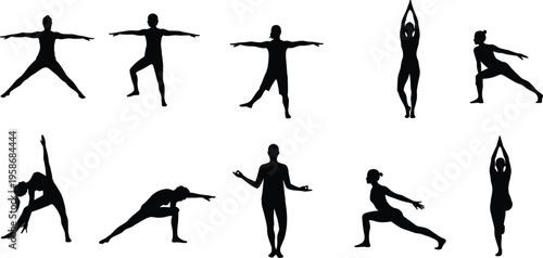 Yoga pose silhouettes, balance and flexibility, strength training, meditative stances, wellness practice, fitness routine, calm energy, body movement illustration