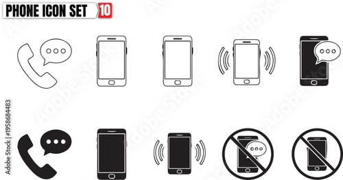 Smartphone and telephone icon set including call, chat message, ringing and vibration symbols. Vector collection of outline and solid mobile devices with no phone prohibition signs.
