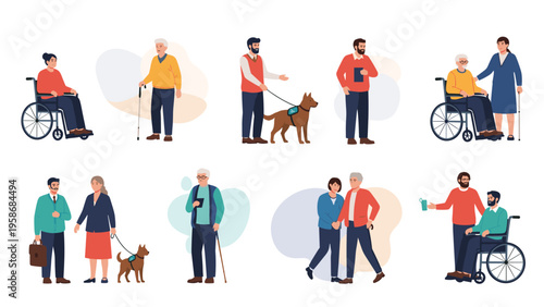Collection of diverse people with disabilities including wheelchair users and individuals with guide dogs or canes shown in various poses.