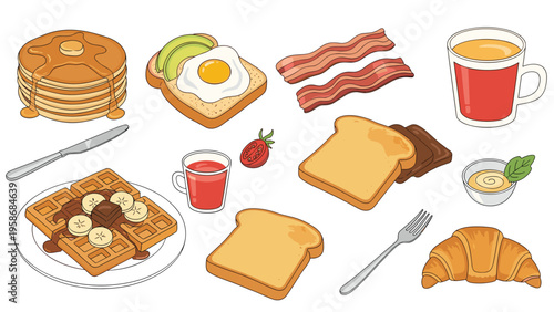 Comprehensive breakfast food collection featuring pancakes waffles eggs toast bacon croissants and coffee for menu design.