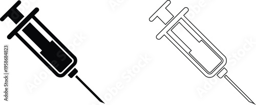Medical syringe vector icons set, black solid and outline hypodermic needle symbols, vaccination and injection equipment for healthcare design