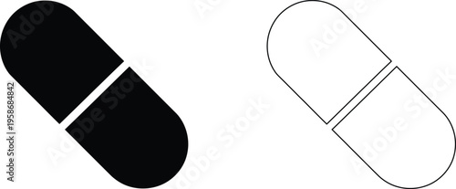 Minimalist pill capsule icons in solid black and thin outline styles, medical drug vector symbols, pharmaceutical healthcare graphic elements