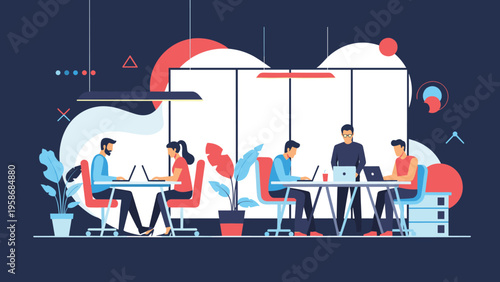 Modern office interior illustration shows male and female professionals working on laptops at desks with plants and abstract geometric shapes.