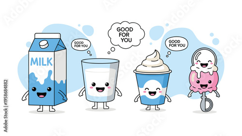 Adorable set of anthropomorphic dairy products including milk, yogurt, and ice cream with positive speech bubbles saying good for you.
