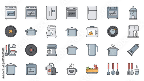 Comprehensive set of flat color icons for various kitchen appliances and cooking equipment like stoves, mixers, and refrigerators.